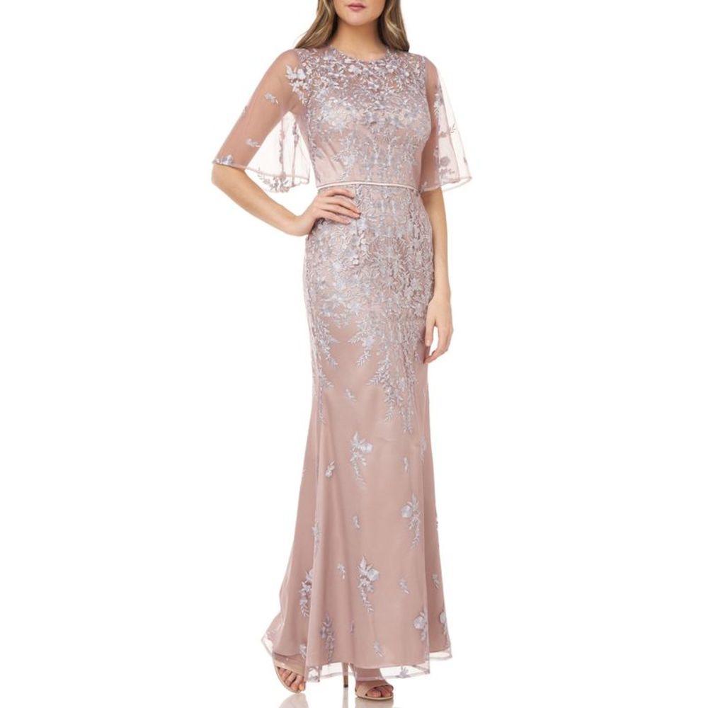 JS COLLECTION Womens Beige Gown Short Sleeve Jewel Neck Maxi Evening Dress 10
